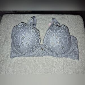 Victoria Secret Light Gray Floral Lace Gold Glitter Petals Uplift Demi Bra S
